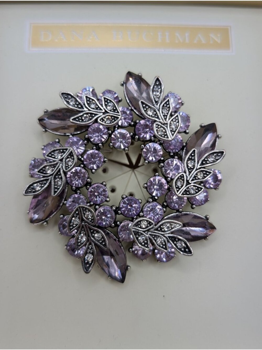 Dana Buchman Silver-tone Purple Rhinestone Wreath Brooch Elegant Costume Jewelry